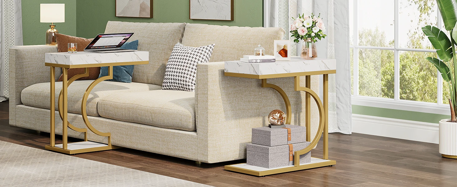 White Gold C Shaped End Table Modern Bedside Table Small Side Table for Couch, Sofa Table with Metal Frame for Living Room