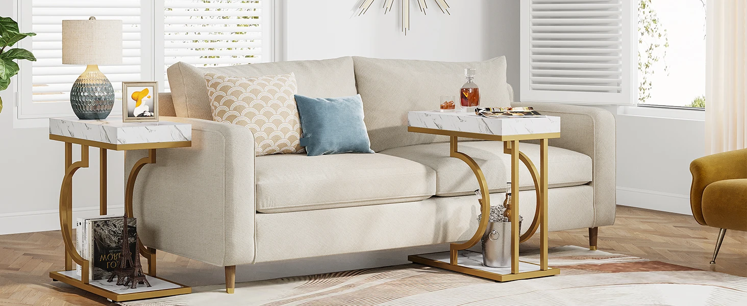 White Gold C Shaped End Table Modern Bedside Table Small Side Table for Couch, Sofa Table with Metal Frame for Living Room