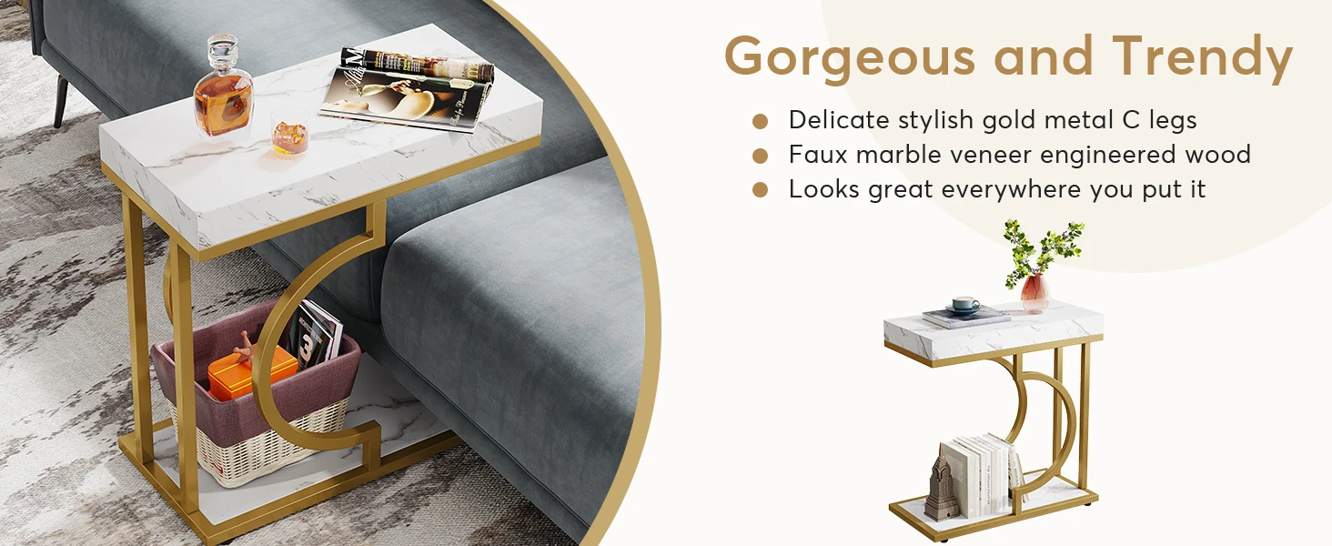 White Gold C Shaped End Table Modern Bedside Table Small Side Table for Couch, Sofa Table with Metal Frame for Living Room