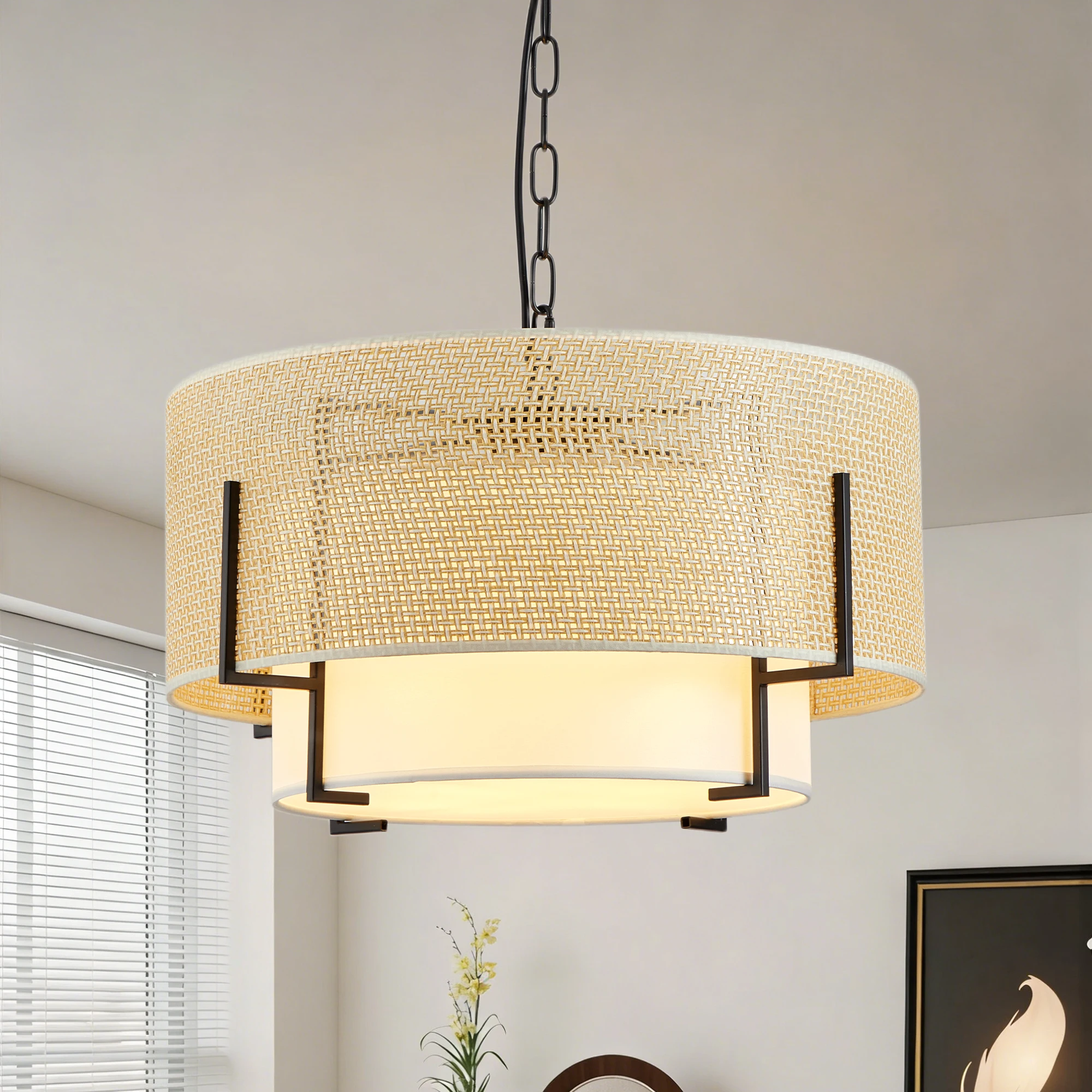 19.7''Farmhouse Boho Chandelier,4-Light Hand Woven Rattan Pendant Light with Fabric Shade Rustic Drum Chandelier for Dining Room