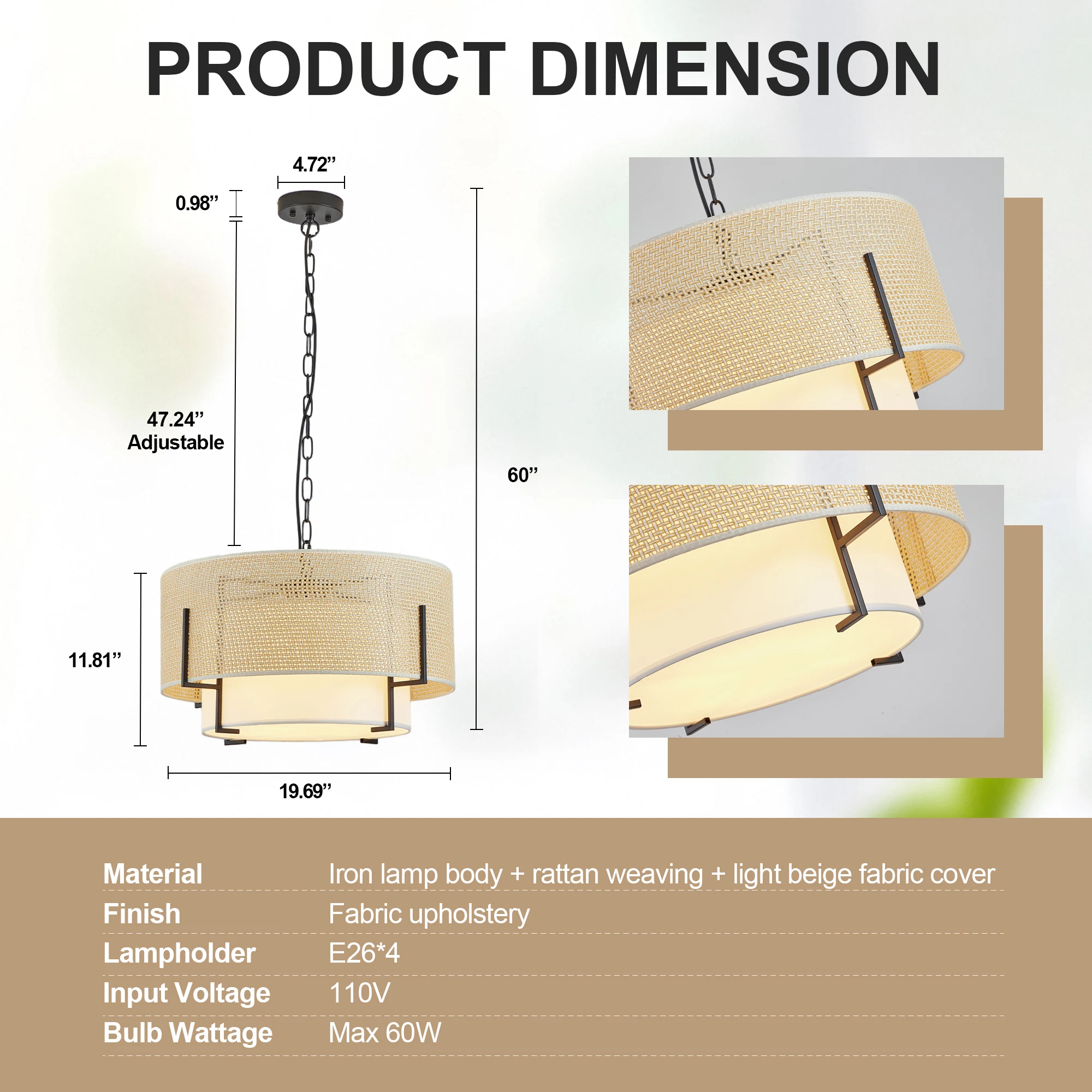 19.7''Farmhouse Boho Chandelier,4-Light Hand Woven Rattan Pendant Light with Fabric Shade Rustic Drum Chandelier for Dining Room