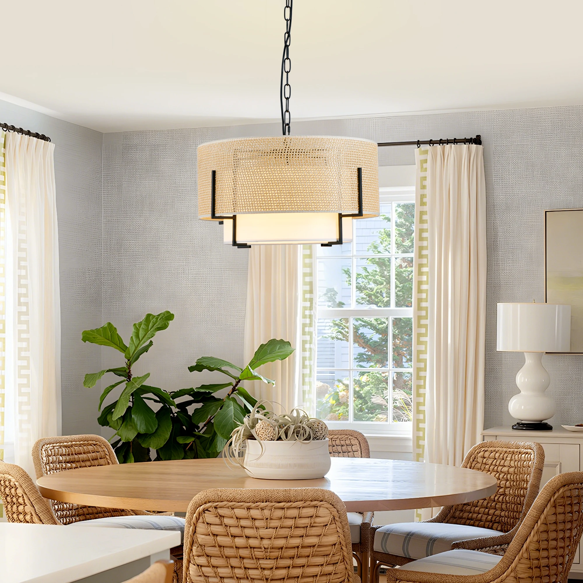19.7''Farmhouse Boho Chandelier,4-Light Hand Woven Rattan Pendant Light with Fabric Shade Rustic Drum Chandelier for Dining Room