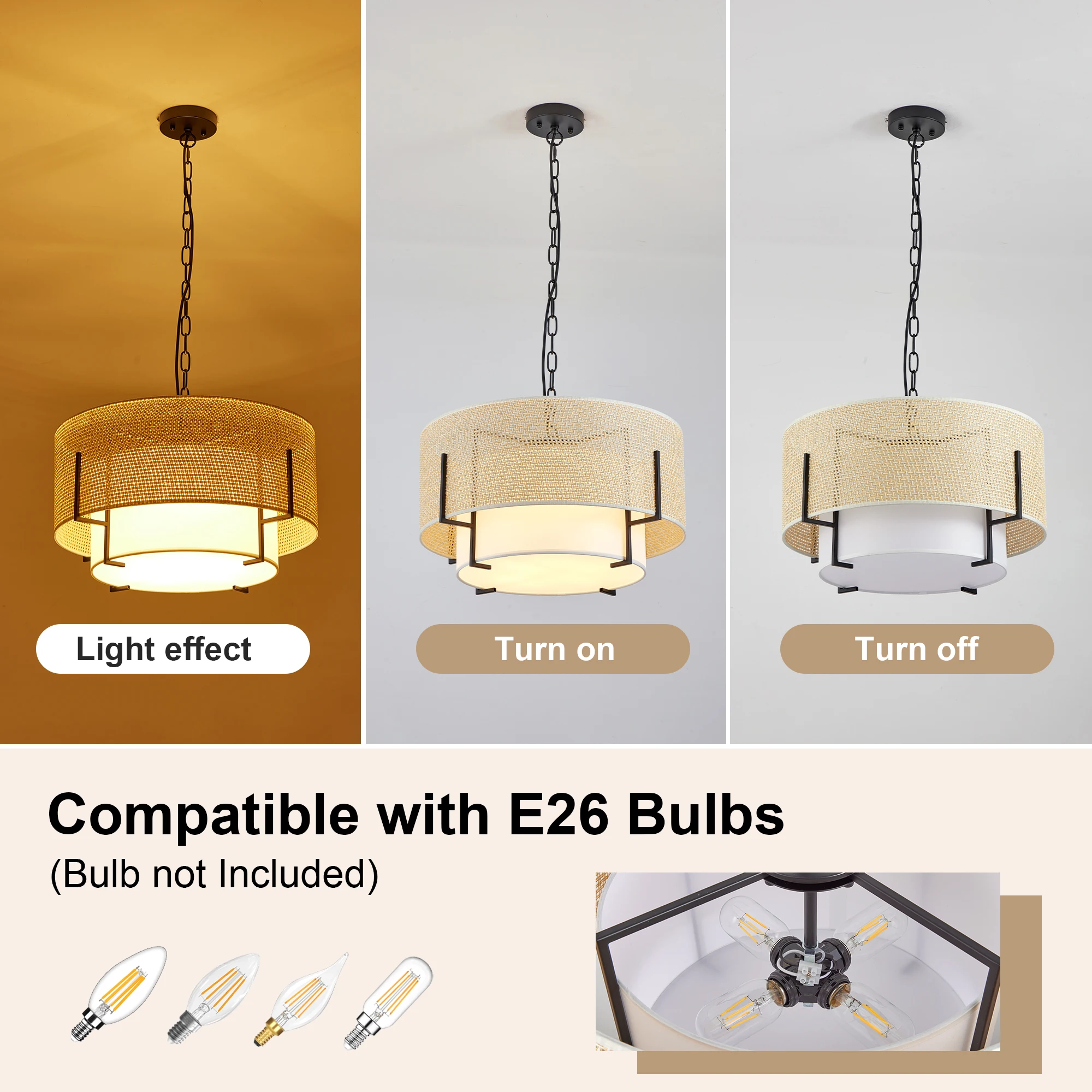 19.7''Farmhouse Boho Chandelier,4-Light Hand Woven Rattan Pendant Light with Fabric Shade Rustic Drum Chandelier for Dining Room