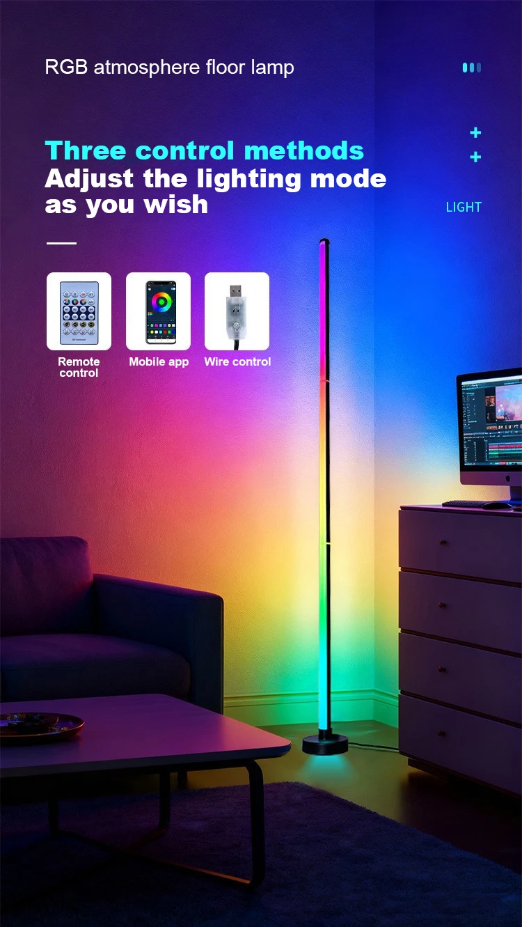 RGB+IC LED Corner Lamp Adjustable Height RGBW LED Floor Lamp, 3 Control Modes, Music Sync, Timer, DIY Color Adjustment, Suitable For Gaming Room, Living Room, Bedroom, Party