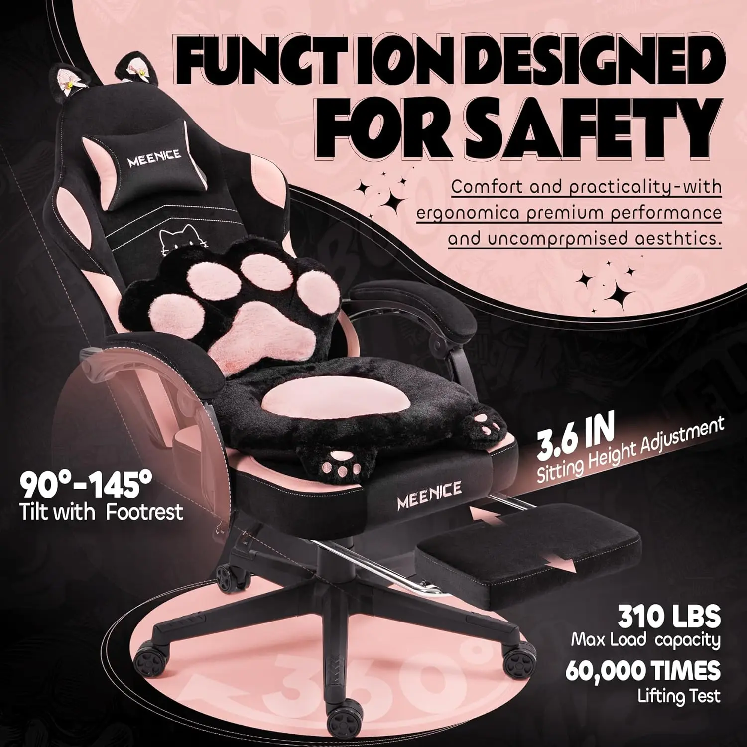 Pink Cute Gaming Chair with Cat Ears & Paw Lumbar Cushion, Ergonomic Reclining Computer Chair with Footrest, Customized