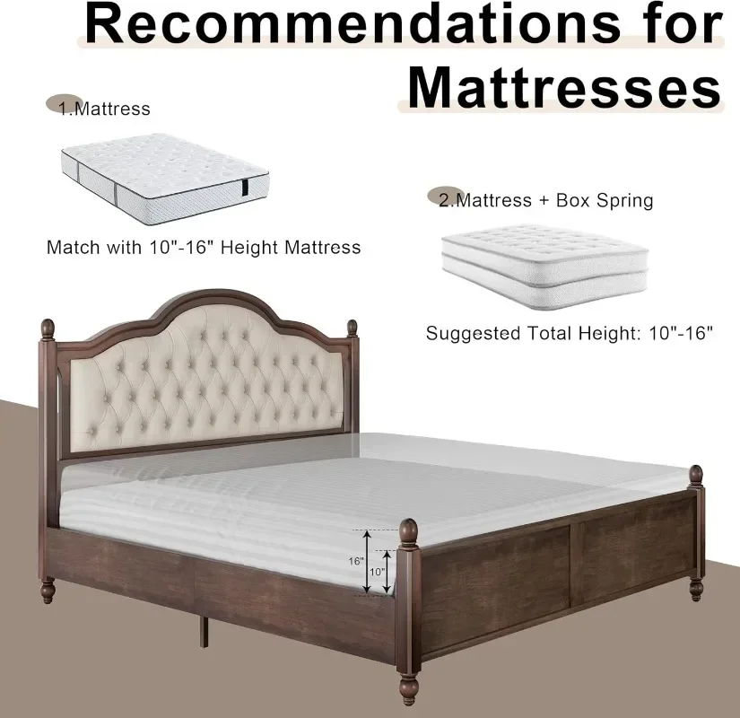 AMERLIFE King Size Solid Wood Bed Frame,Transitional Platform Bed with 52.5"Upholstered Tufted Headboard,Rubberwood/Roman Column