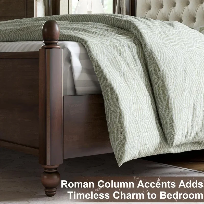 AMERLIFE King Size Solid Wood Bed Frame,Transitional Platform Bed with 52.5"Upholstered Tufted Headboard,Rubberwood/Roman Column