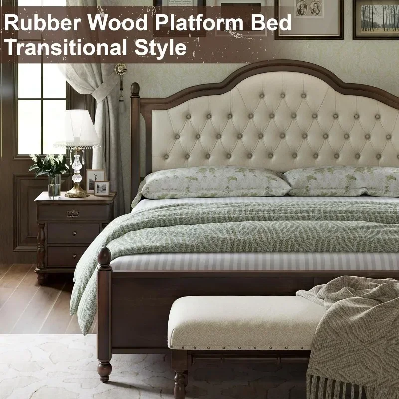 AMERLIFE King Size Solid Wood Bed Frame,Transitional Platform Bed with 52.5"Upholstered Tufted Headboard,Rubberwood/Roman Column