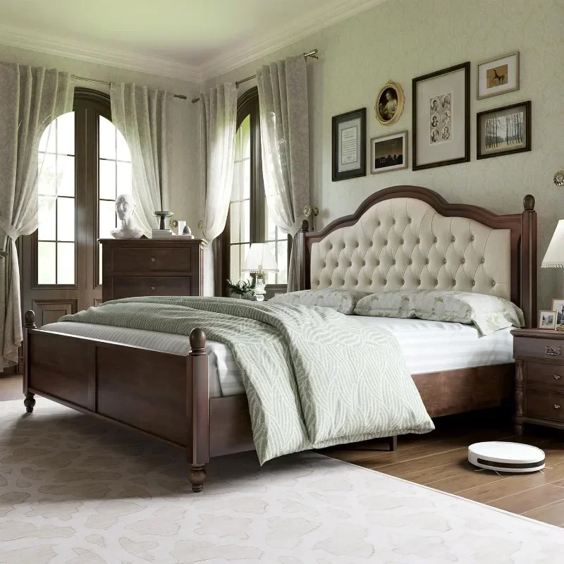 AMERLIFE King Size Solid Wood Bed Frame,Transitional Platform Bed with 52.5"Upholstered Tufted Headboard,Rubberwood/Roman Column