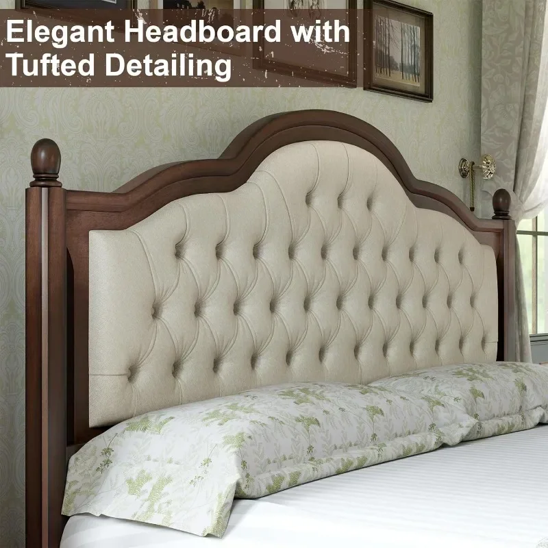 AMERLIFE King Size Solid Wood Bed Frame,Transitional Platform Bed with 52.5"Upholstered Tufted Headboard,Rubberwood/Roman Column