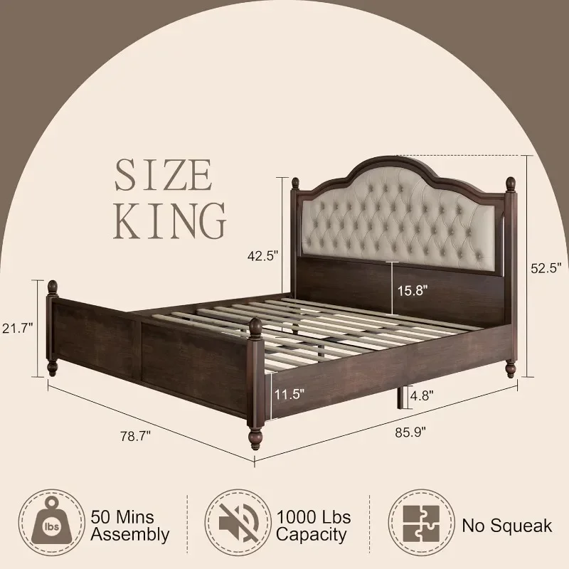 AMERLIFE King Size Solid Wood Bed Frame,Transitional Platform Bed with 52.5"Upholstered Tufted Headboard,Rubberwood/Roman Column