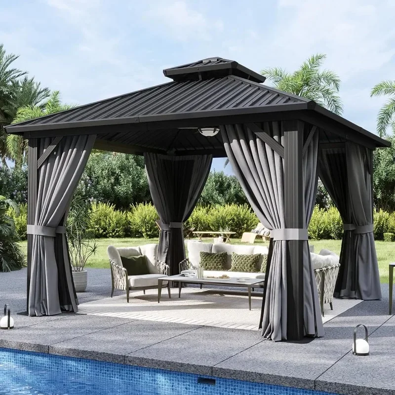 Aoxun 10x12 Gazebo Hardtop Gazebo with Double Galvanized Steel Roof Outdoor Pavilion with Breathable Netting and Privacy Curtain