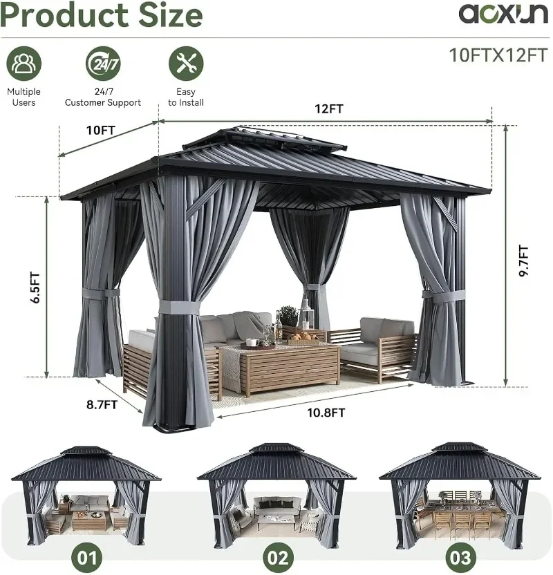 Aoxun 10x12 Gazebo Hardtop Gazebo with Double Galvanized Steel Roof Outdoor Pavilion with Breathable Netting and Privacy Curtain