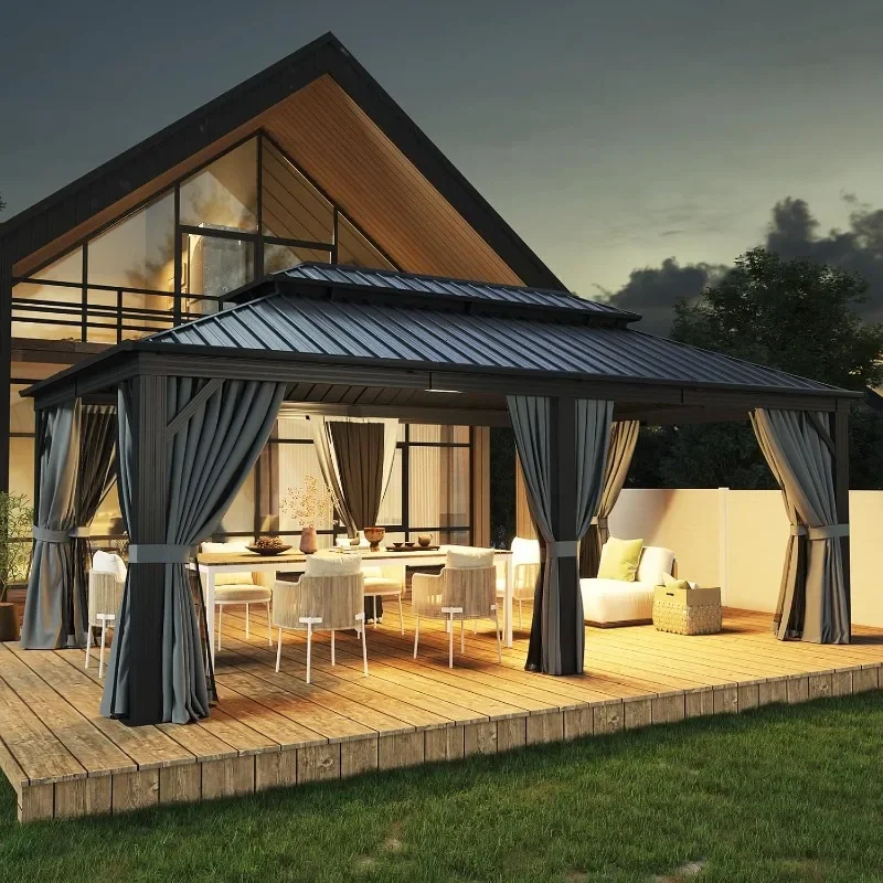 Aoxun 10x12 Gazebo Hardtop Gazebo with Double Galvanized Steel Roof Outdoor Pavilion with Breathable Netting and Privacy Curtain