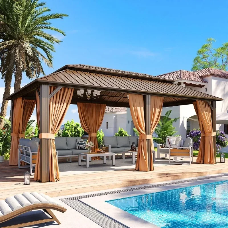 Aoxun 10x12 Gazebo Hardtop Gazebo with Double Galvanized Steel Roof Outdoor Pavilion with Breathable Netting and Privacy Curtain