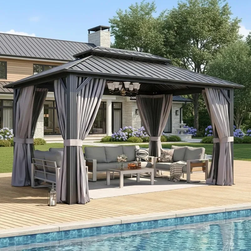 Aoxun 10x12 Gazebo Hardtop Gazebo with Double Galvanized Steel Roof Outdoor Pavilion with Breathable Netting and Privacy Curtain
