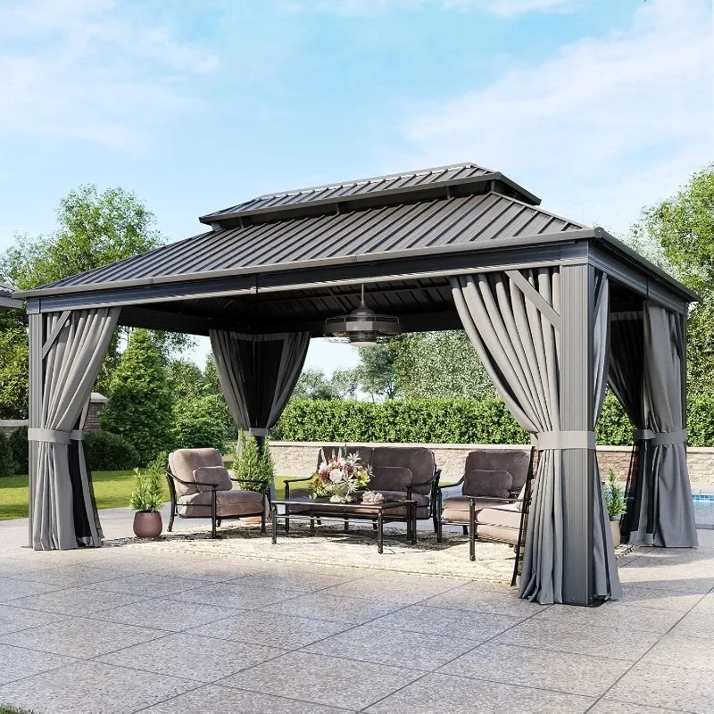 Aoxun 10x12 Gazebo Hardtop Gazebo with Double Galvanized Steel Roof Outdoor Pavilion with Breathable Netting and Privacy Curtain
