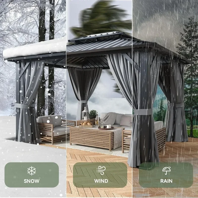 Aoxun 10x12 Gazebo Hardtop Gazebo with Double Galvanized Steel Roof Outdoor Pavilion with Breathable Netting and Privacy Curtain