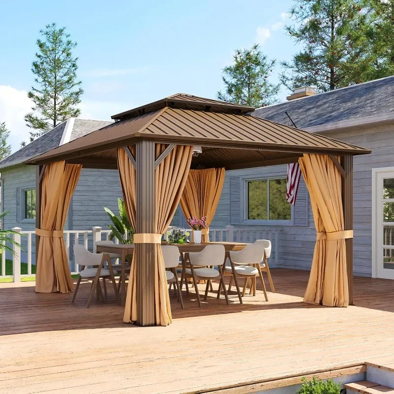 Aoxun 10x12 Gazebo Hardtop Gazebo with Double Galvanized Steel Roof Outdoor Pavilion with Breathable Netting and Privacy Curtain