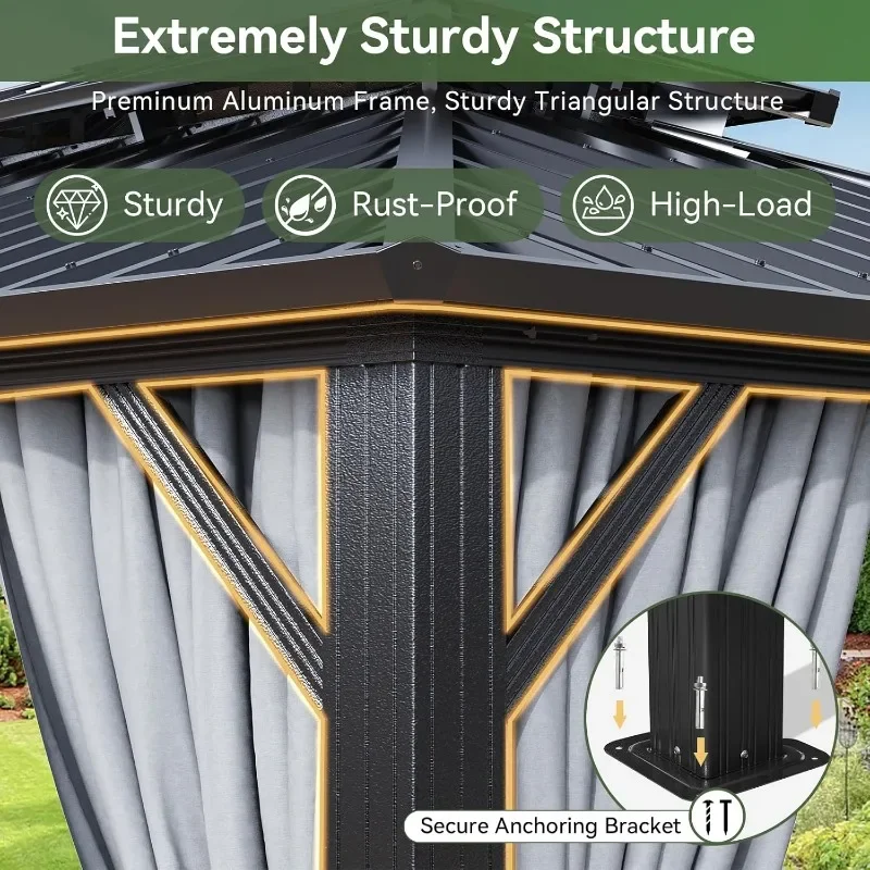 Aoxun 10x12 Gazebo Hardtop Gazebo with Double Galvanized Steel Roof Outdoor Pavilion with Breathable Netting and Privacy Curtain