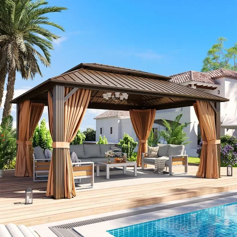 Aoxun 10x12 Gazebo Hardtop Gazebo with Double Galvanized Steel Roof Outdoor Pavilion with Breathable Netting and Privacy Curtain