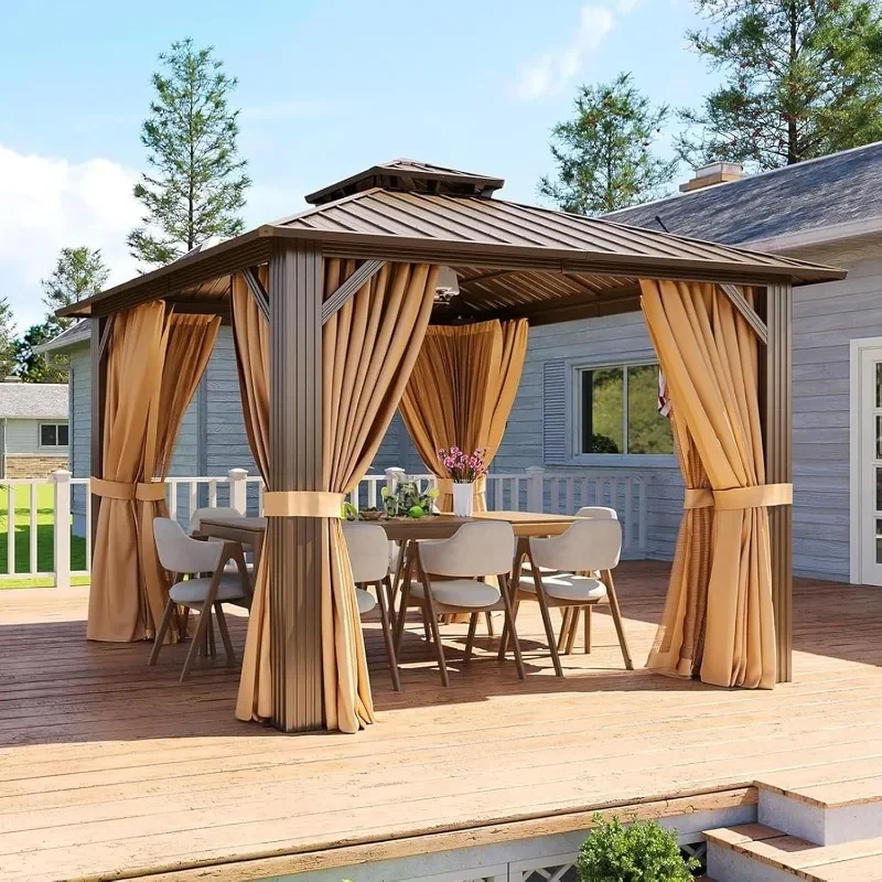 Aoxun 10x12 Gazebo Hardtop Gazebo with Double Galvanized Steel Roof Outdoor Pavilion with Breathable Netting and Privacy Curtain