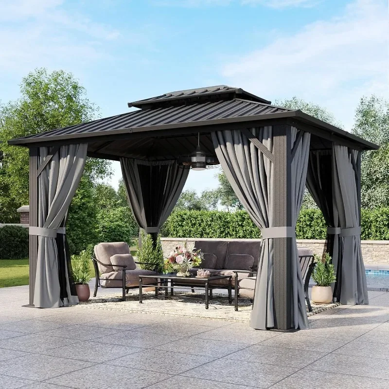 Aoxun 10x12 Gazebo Hardtop Gazebo with Double Galvanized Steel Roof Outdoor Pavilion with Breathable Netting and Privacy Curtain