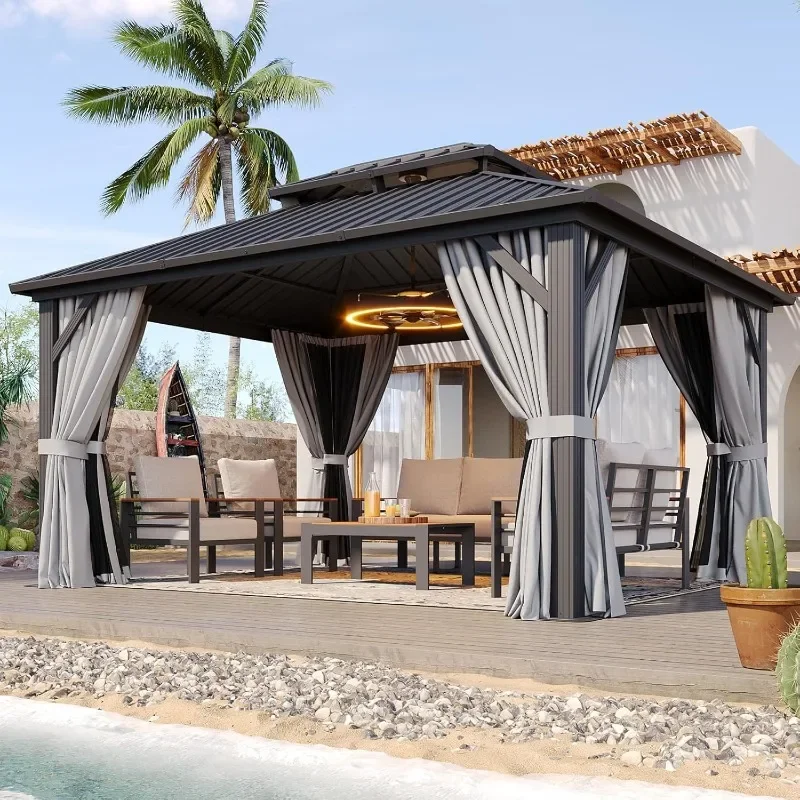 Aoxun 10x12 Gazebo Hardtop Gazebo with Double Galvanized Steel Roof Outdoor Pavilion with Breathable Netting and Privacy Curtain