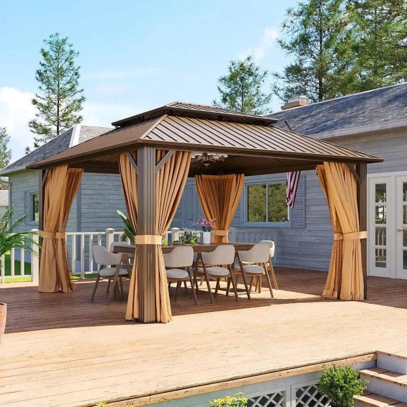 Aoxun 10x12 Gazebo Hardtop Gazebo with Double Galvanized Steel Roof Outdoor Pavilion with Breathable Netting and Privacy Curtain
