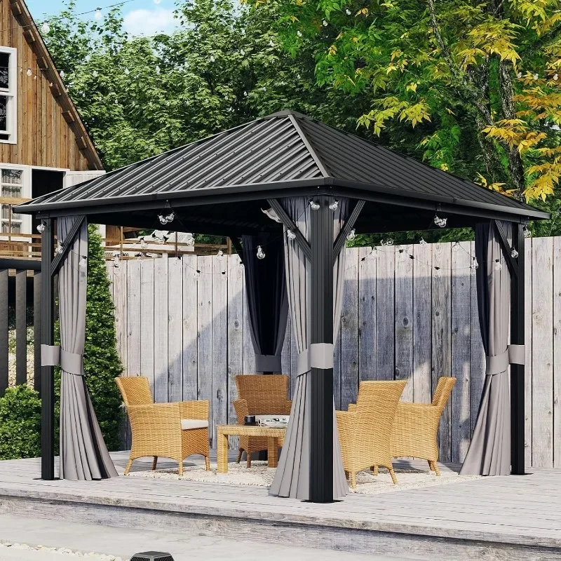 Aoxun 10x12 Gazebo Hardtop Gazebo with Double Galvanized Steel Roof Outdoor Pavilion with Breathable Netting and Privacy Curtain