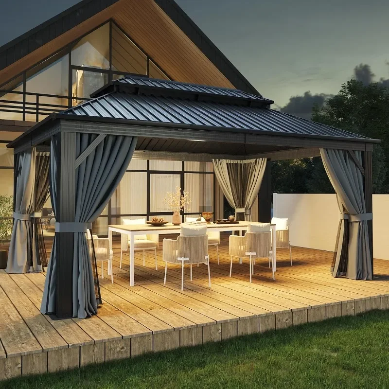 Aoxun 10x12 Gazebo Hardtop Gazebo with Double Galvanized Steel Roof Outdoor Pavilion with Breathable Netting and Privacy Curtain