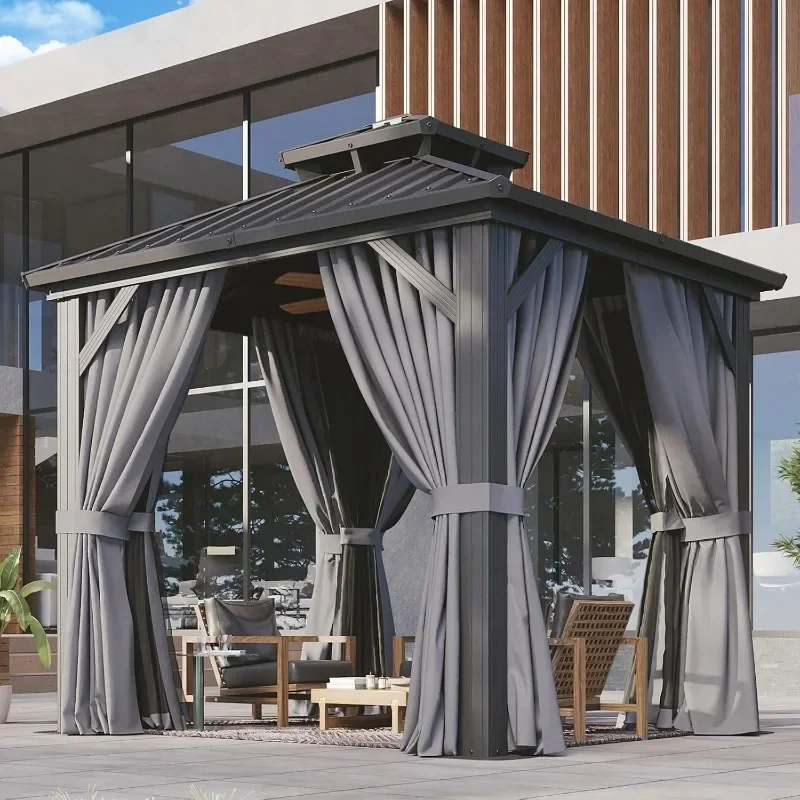 Aoxun 10x12 Gazebo Hardtop Gazebo with Double Galvanized Steel Roof Outdoor Pavilion with Breathable Netting and Privacy Curtain