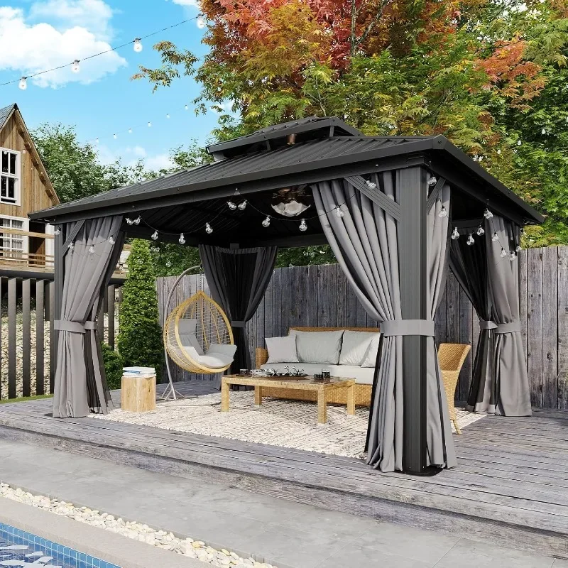 Aoxun 10x12 Gazebo Hardtop Gazebo with Double Galvanized Steel Roof Outdoor Pavilion with Breathable Netting and Privacy Curtain