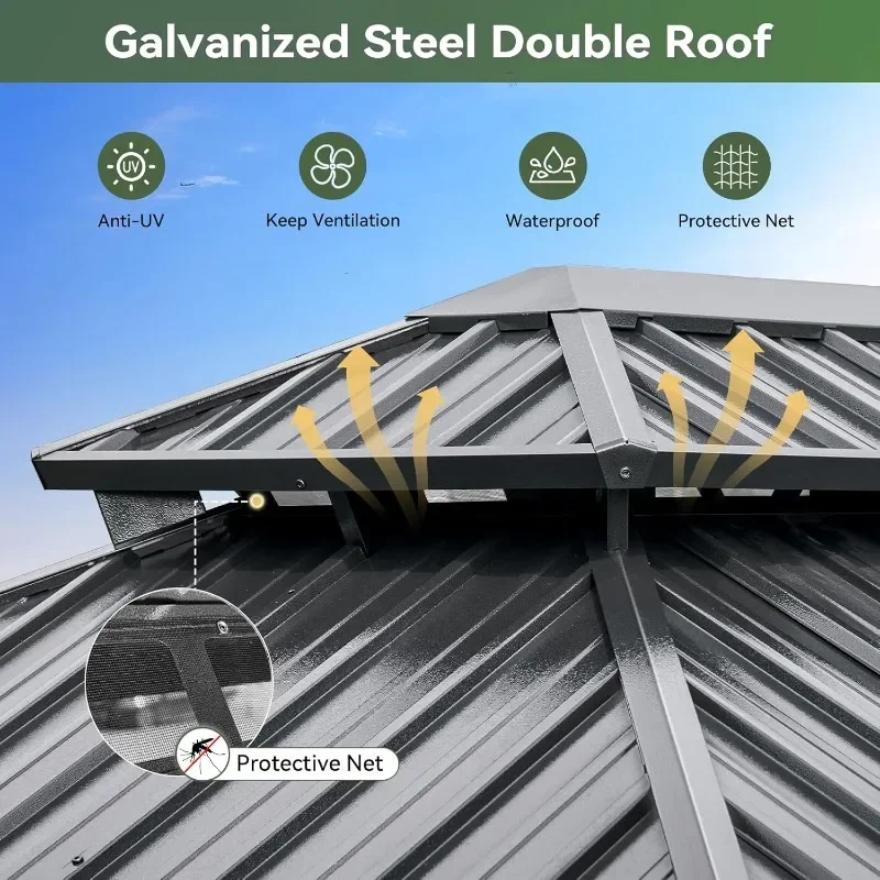 Aoxun 10x12 Gazebo Hardtop Gazebo with Double Galvanized Steel Roof Outdoor Pavilion with Breathable Netting and Privacy Curtain