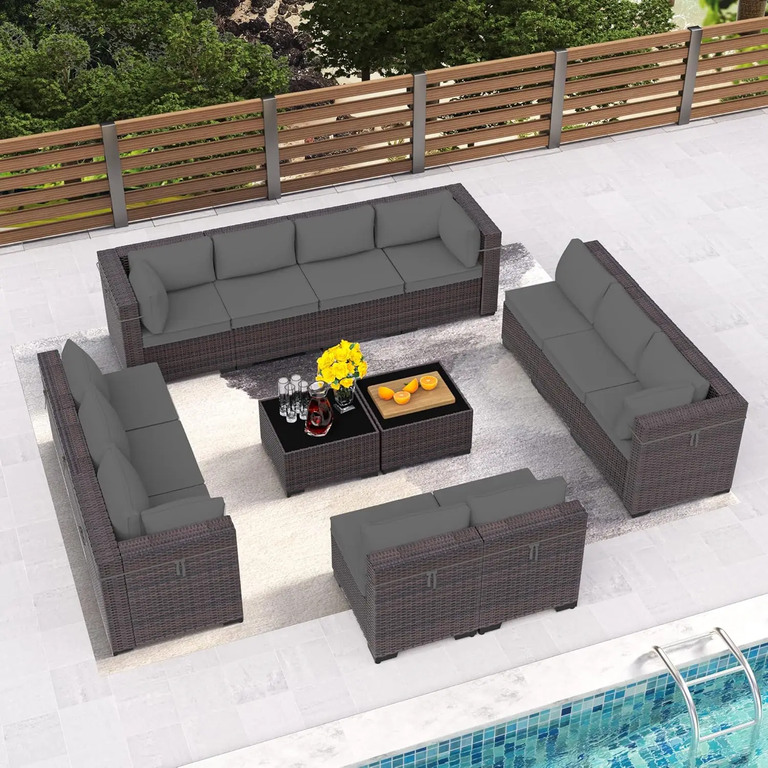 14 Pieces Outdoor Patio Furniture Set,Outdoor Sectional Furniture All Weather PE Rattan Wicker Patio Conversation Set, Custom