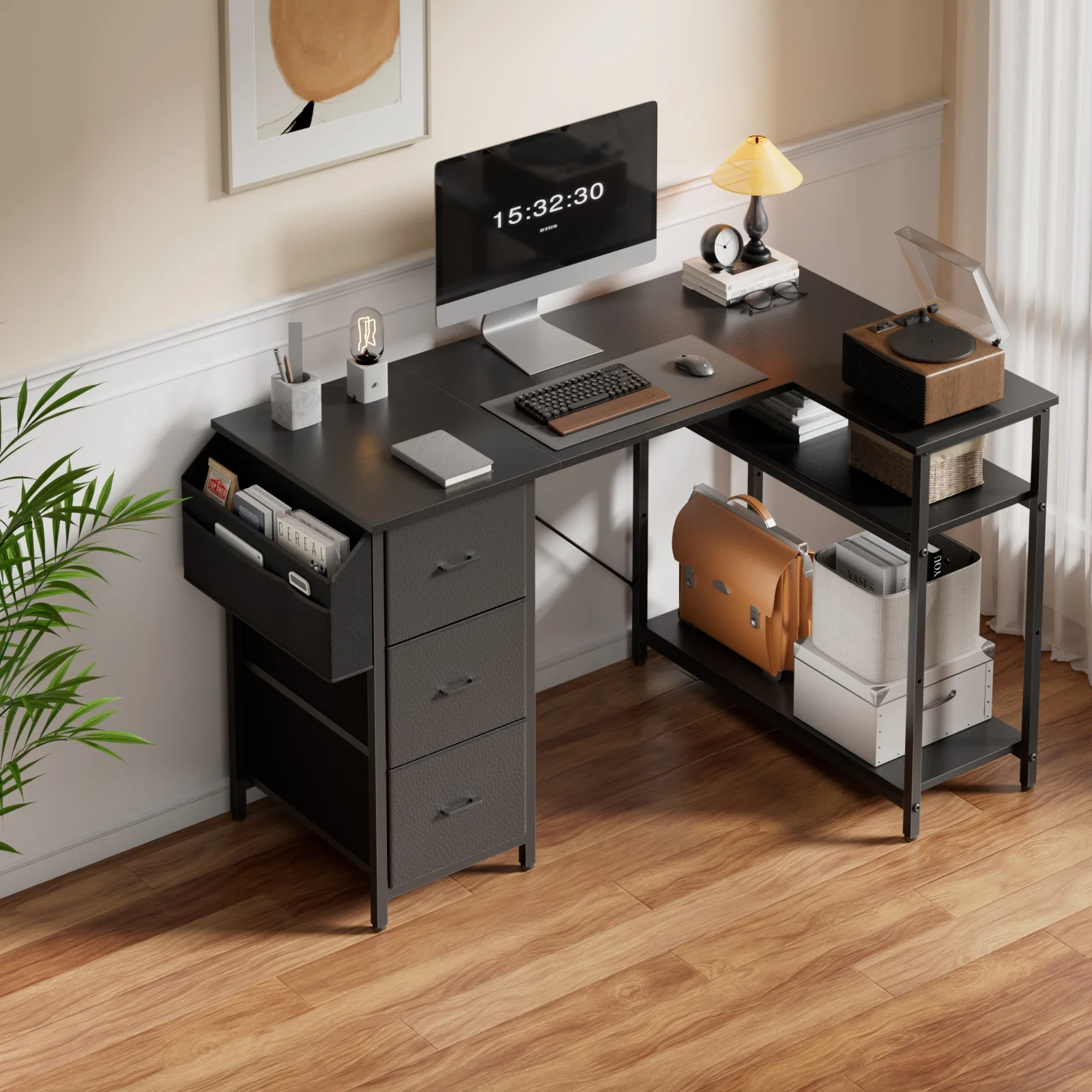 FRODROVIA 120cm L Shaped Computer Corner Desk with 3 Fabric Drawers & Side Pocket, Multiple Colors Available, Gaming PC Table for Home Office Workstation