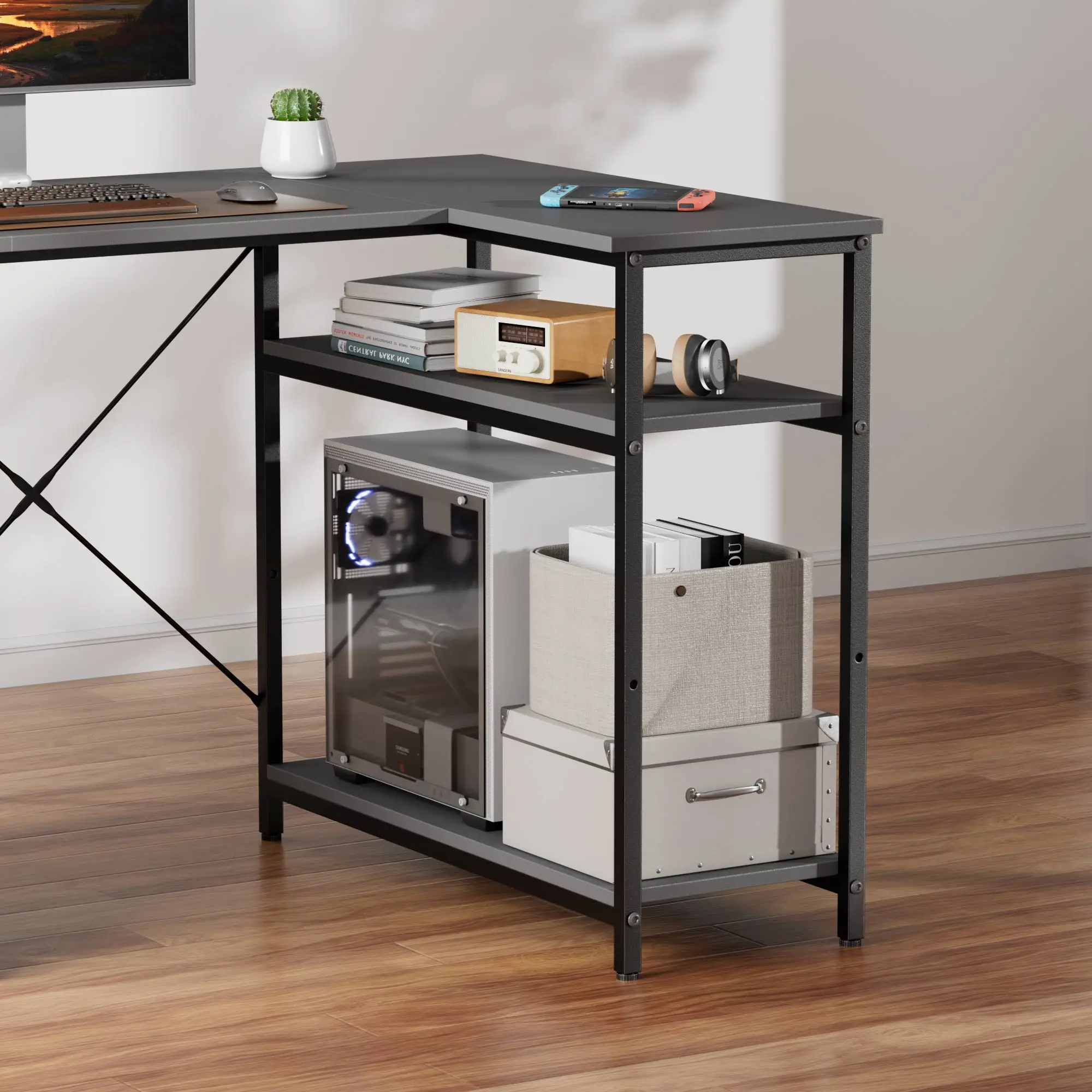 FRODROVIA 120cm L Shaped Computer Corner Desk with 3 Fabric Drawers & Side Pocket, Multiple Colors Available, Gaming PC Table for Home Office Workstation