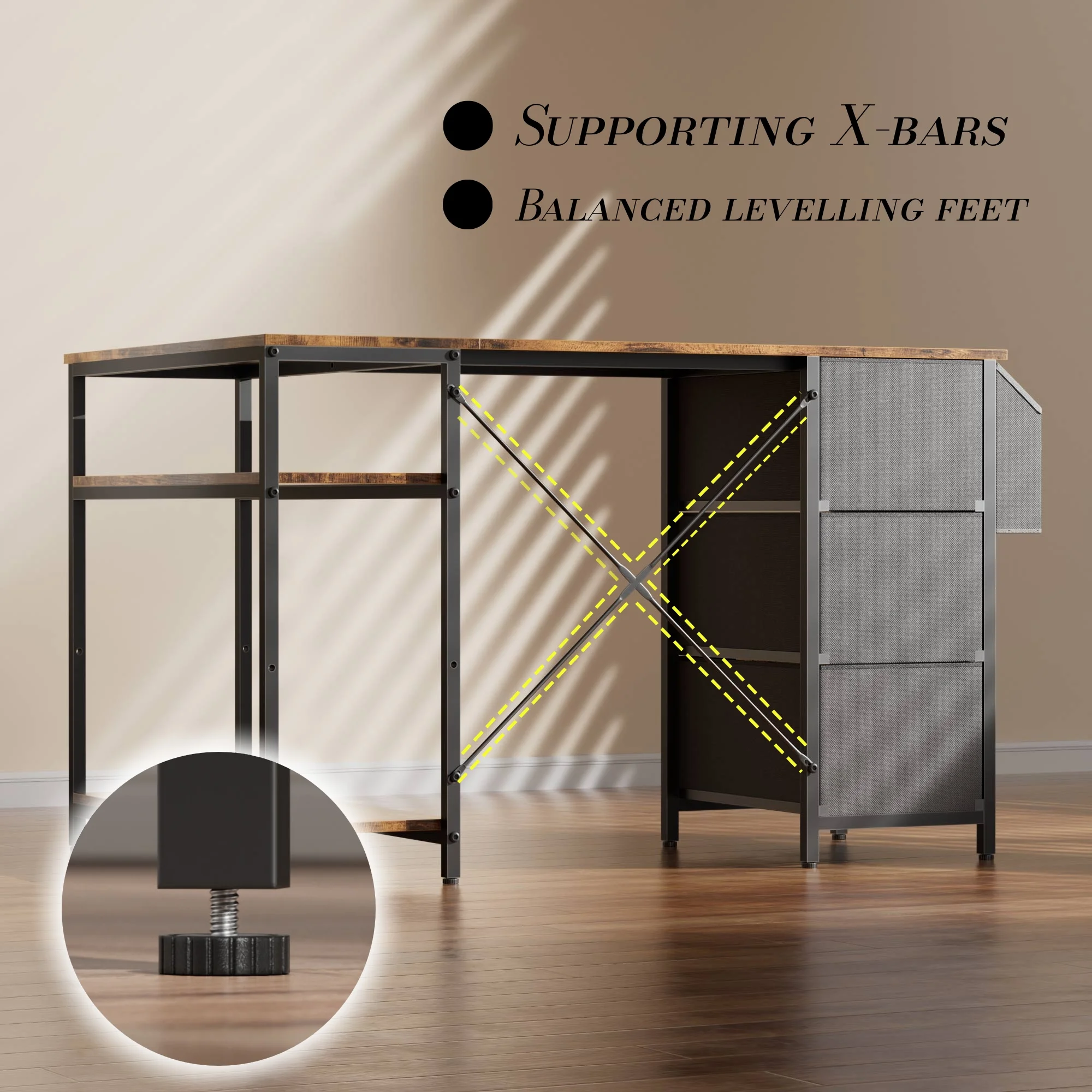 FRODROVIA 120cm L Shaped Computer Corner Desk with 3 Fabric Drawers & Side Pocket, Multiple Colors Available, Gaming PC Table for Home Office Workstation