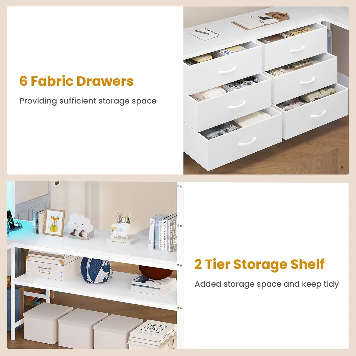 Loft Bed Full Size with U-Shaped Desk, 6 Storage Drawers, Power Outlet, LED Metal Loft Bed with 2 Storage Shelves,, Customized