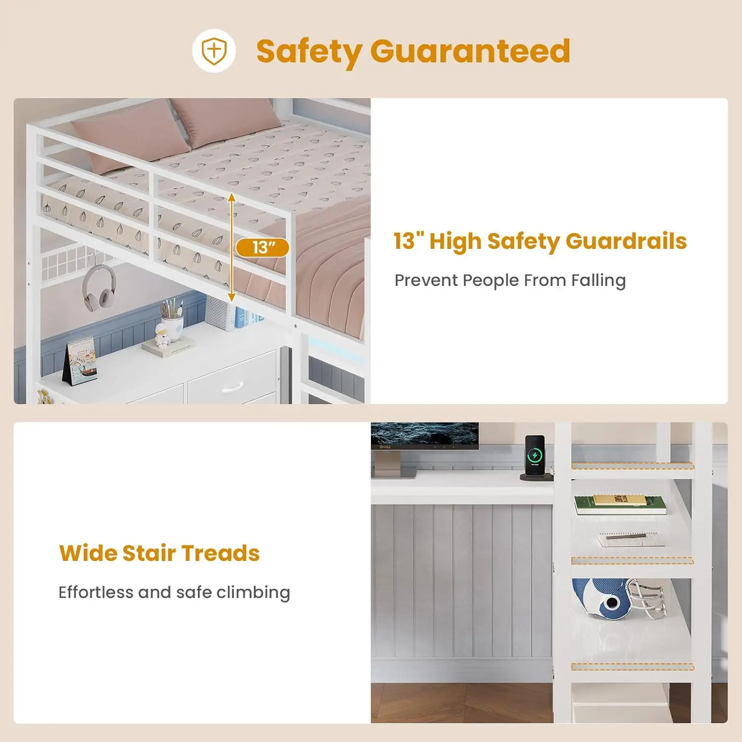 Loft Bed Full Size with U-Shaped Desk, 6 Storage Drawers, Power Outlet, LED Metal Loft Bed with 2 Storage Shelves,, Customized