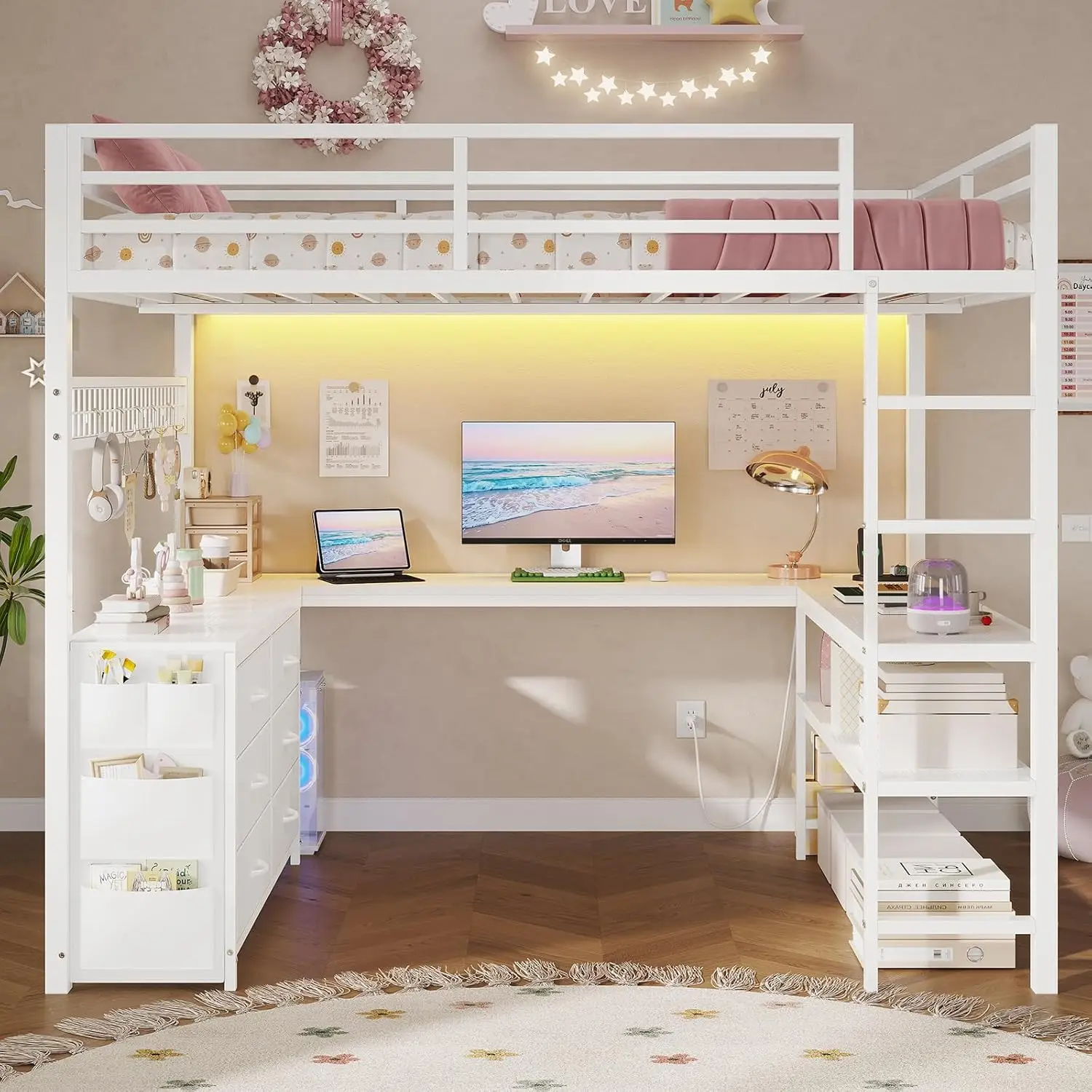 Loft Bed Full Size with U-Shaped Desk, 6 Storage Drawers, Power Outlet, LED Metal Loft Bed with 2 Storage Shelves,, Customized
