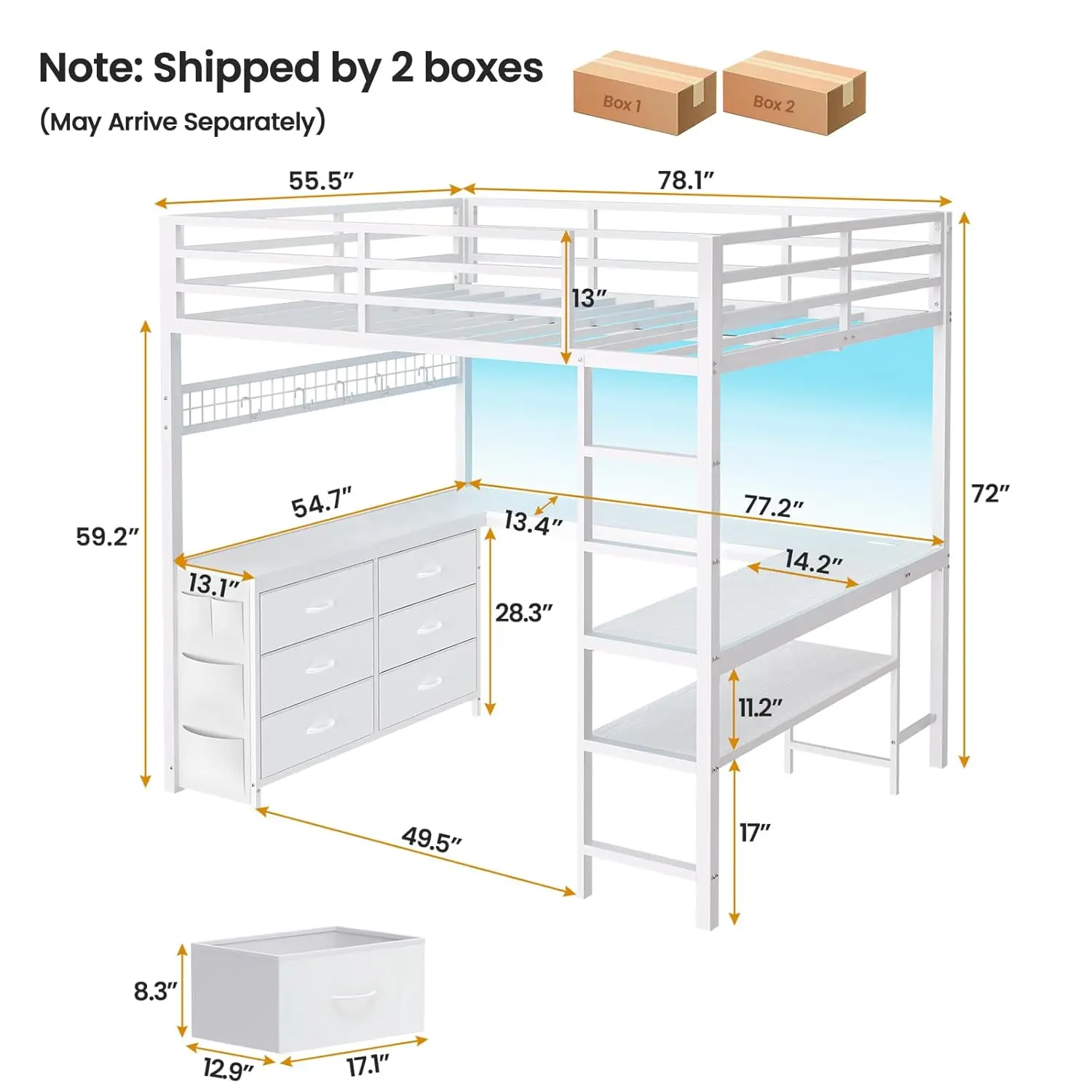 Loft Bed Full Size with U-Shaped Desk, 6 Storage Drawers, Power Outlet, LED Metal Loft Bed with 2 Storage Shelves,, Customized