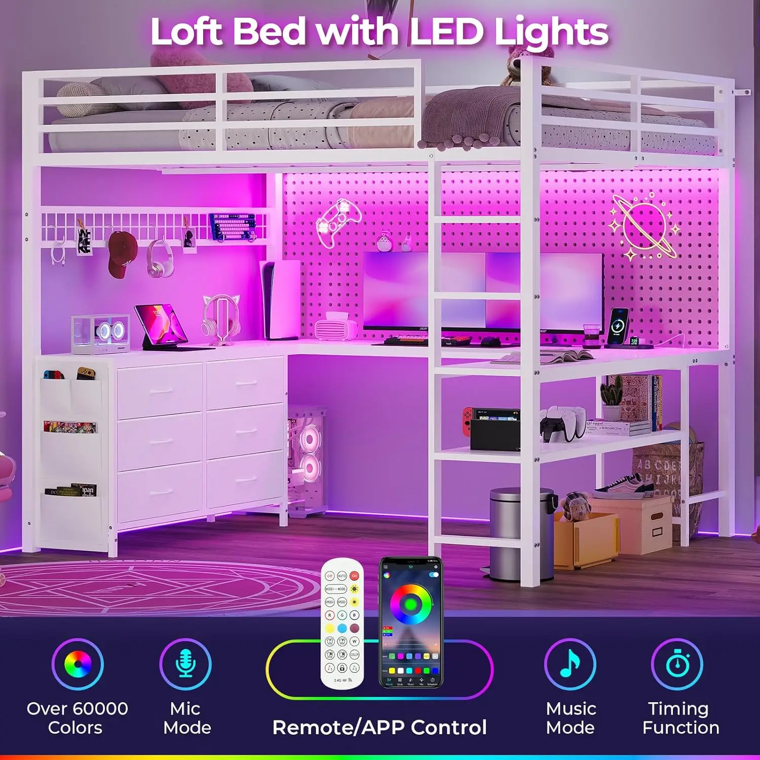 Loft Bed Full Size with U-Shaped Desk, 6 Storage Drawers, Power Outlet, LED Metal Loft Bed with 2 Storage Shelves,, Customized