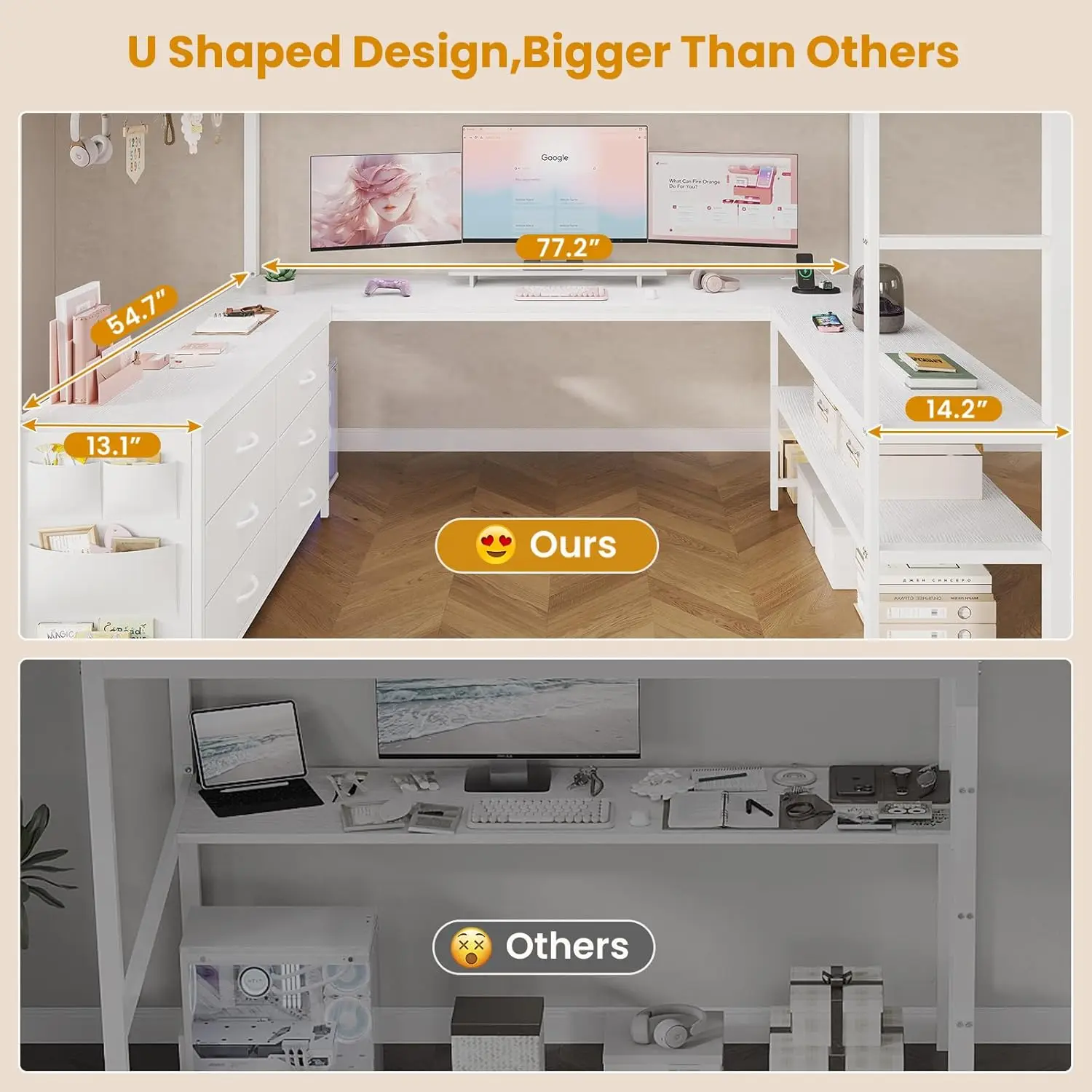 Loft Bed Full Size with U-Shaped Desk, 6 Storage Drawers, Power Outlet, LED Metal Loft Bed with 2 Storage Shelves,, Customized
