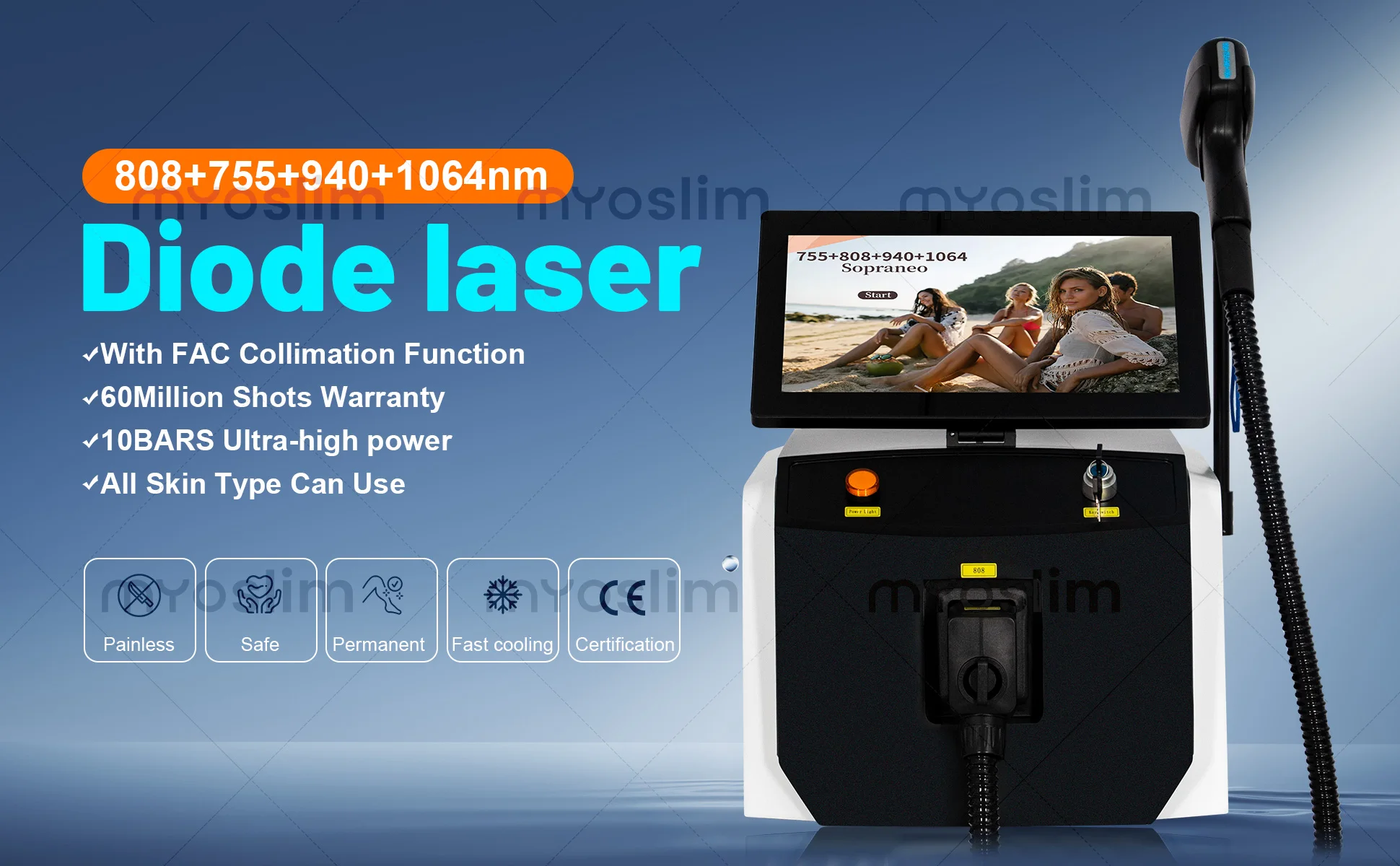 Professional FAC Fast Axis Collimation 10Bars 4 Wavelength Diode Laser Hair Removal Machine 755 808 940 1064nm Permanent Hair Re