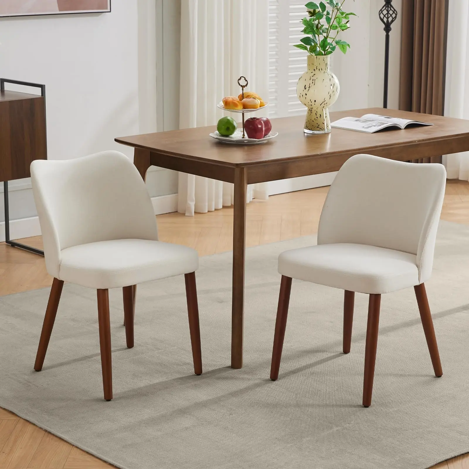 2pcs Dining Chair , Linen Upholstered Dining Chair with Wood Legs, Wing Backrest, Wooden Kitchen Chair, Kitchen Chairs with Thick Cushions for Dining Room, Living Room,White.