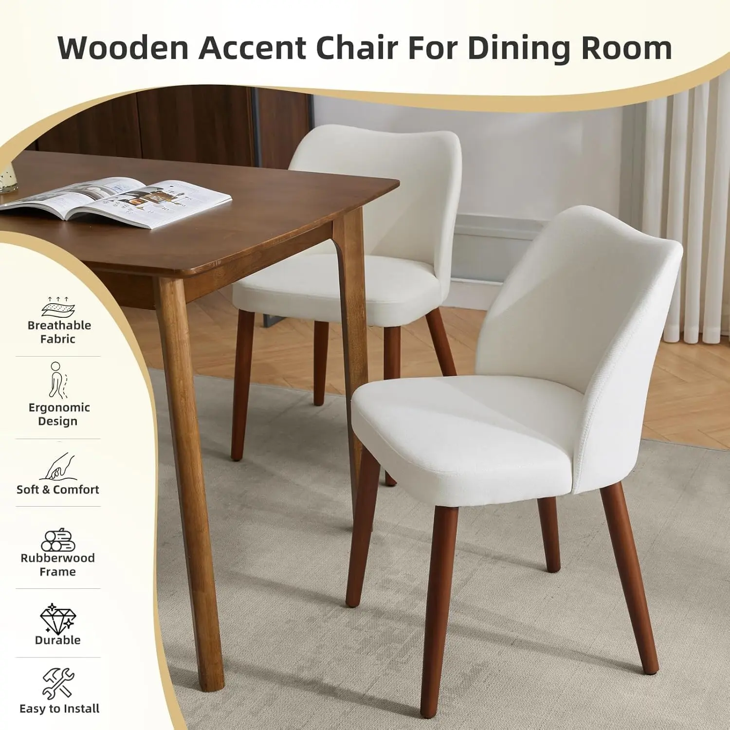 2pcs Dining Chair , Linen Upholstered Dining Chair with Wood Legs, Wing Backrest, Wooden Kitchen Chair, Kitchen Chairs with Thick Cushions for Dining Room, Living Room,White.