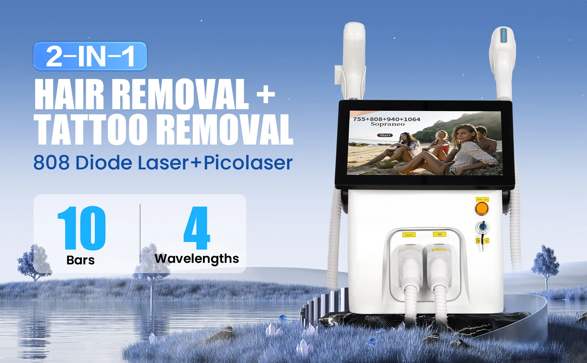 Portable 2 In 1 Diode Lase Picosecond Lase FAC 4 Wavelength 755 808 940 1064nm Hair Removal Tattoo Removal Equipment