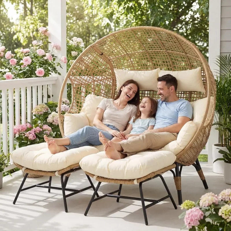 NICESOUL 2 Person Egg Chair Indoor Outdoor Stationary Wicker Large Egg Seating Large Egg Basket Lounge Chair with Ottoman