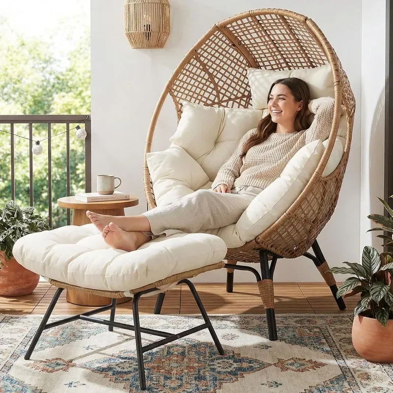 NICESOUL 2 Person Egg Chair Indoor Outdoor Stationary Wicker Large Egg Seating Large Egg Basket Lounge Chair with Ottoman